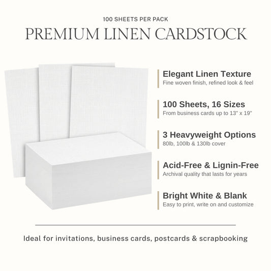 Linen cardstock features: linen texture, 100 sheets, 16 sizes, 80lb 100lb 130lb cover, acid-free and lignin-free