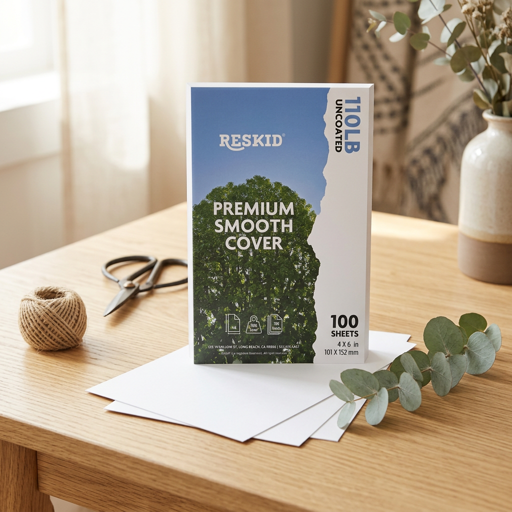 Reskid premium smooth cardstock pack on a wooden craft table with twine, scissors and eucalyptus