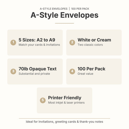 A-style envelope features: 5 sizes A2 to A9, white or cream, 70lb opaque text, 100 per pack