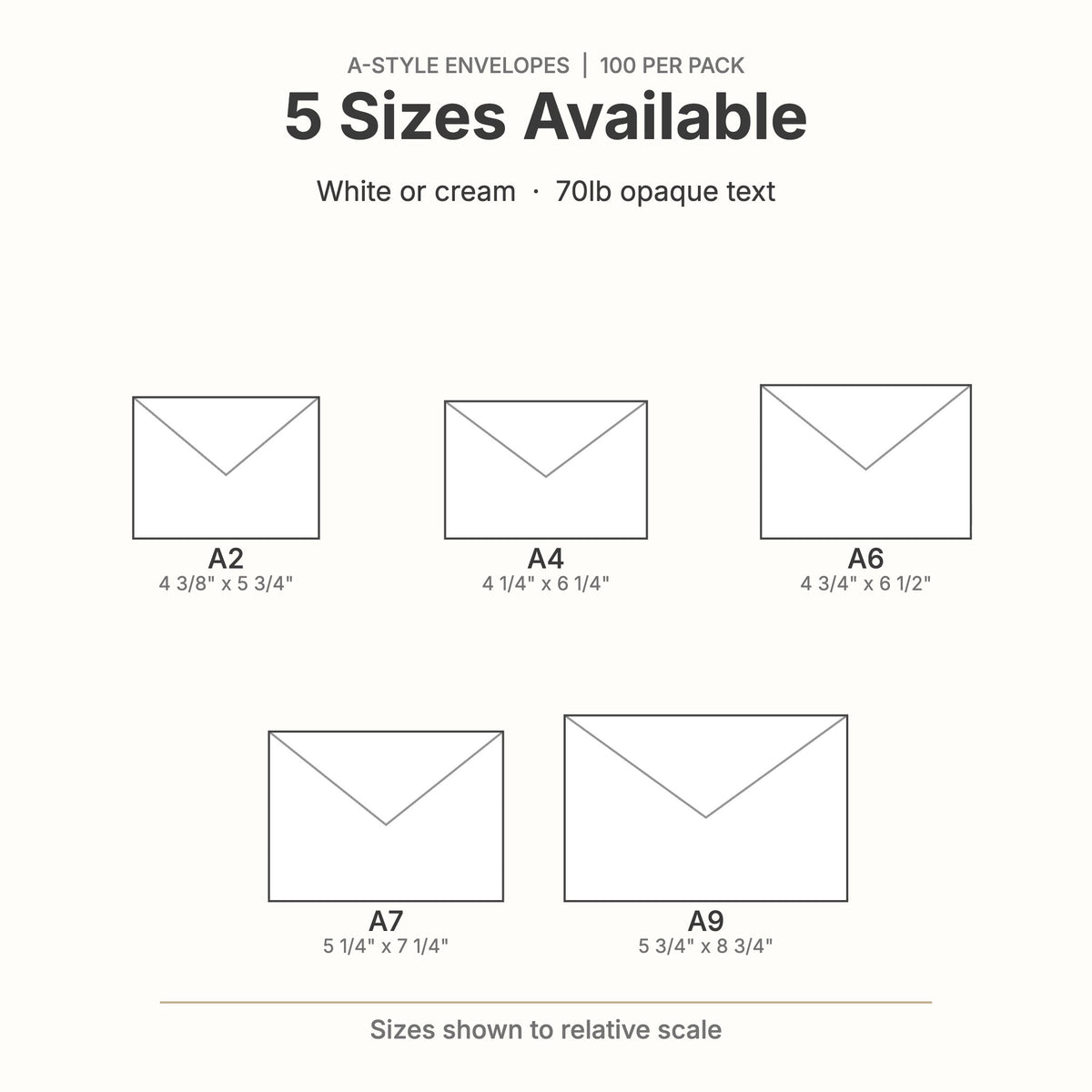 A-style envelope size chart: A2, A4, A6, A7 and A9