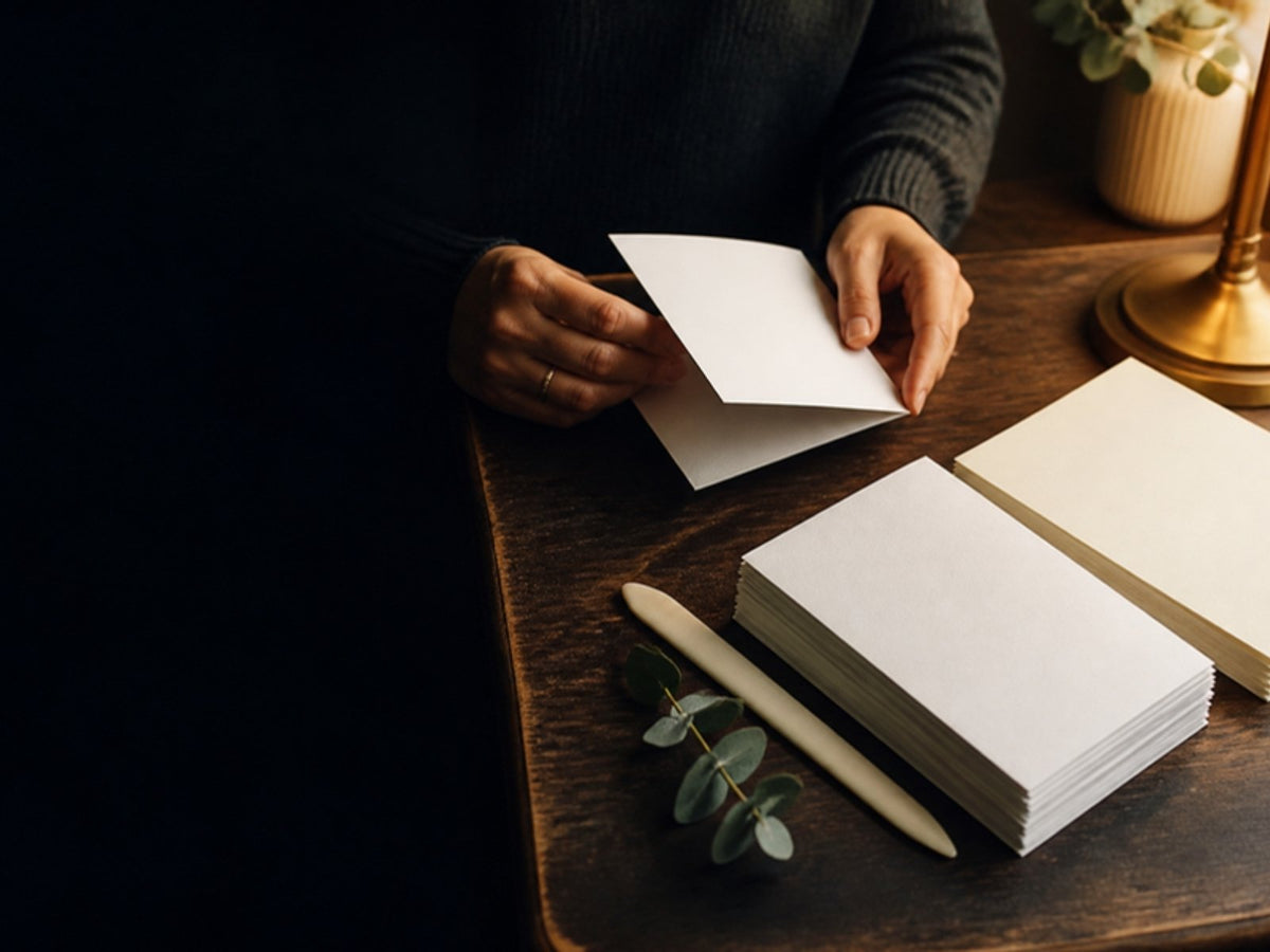 Hands folding a blank white cardstock greeting card at a desk