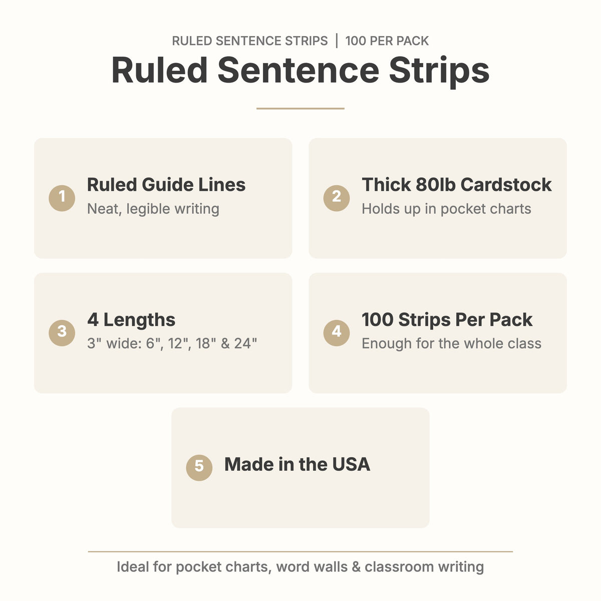 Ruled sentence strip features: ruled guide lines, thick 80lb cardstock, 4 lengths, 100 strips per pack