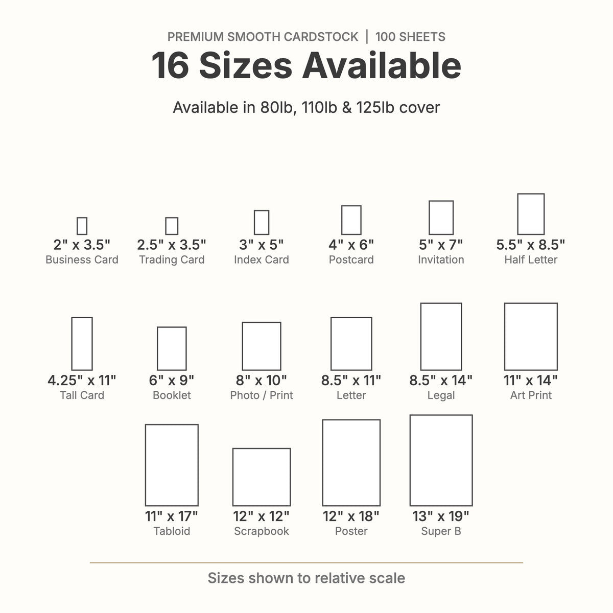 Smooth white cardstock size chart: 16 sizes from 2x3.5 business card to 13x19 inches