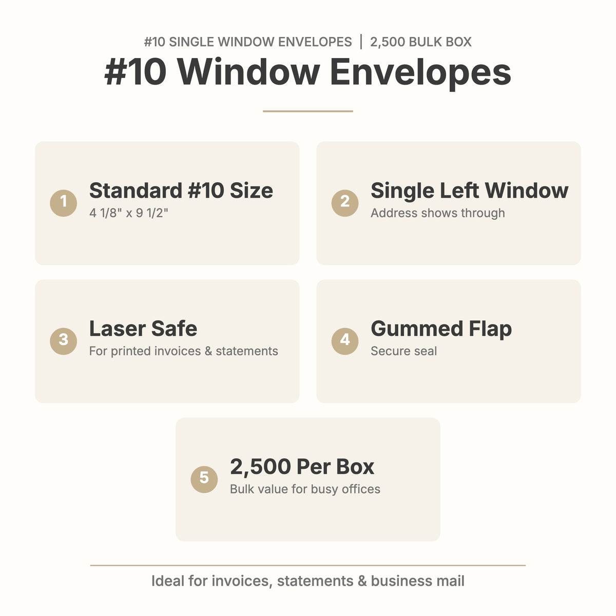 #10 single window envelope features: 4 1/8 x 9 1/2 inch, left window, laser safe, gummed flap, 2,500 per box