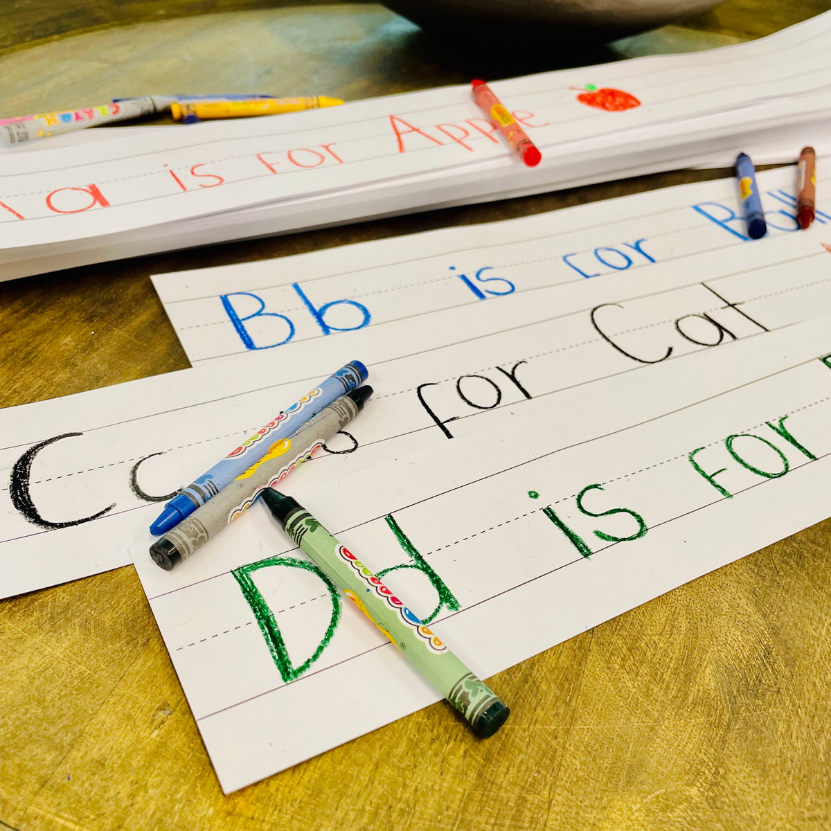Kids handwriting on Reskid 3 x 24 inch ruled sentence strips
