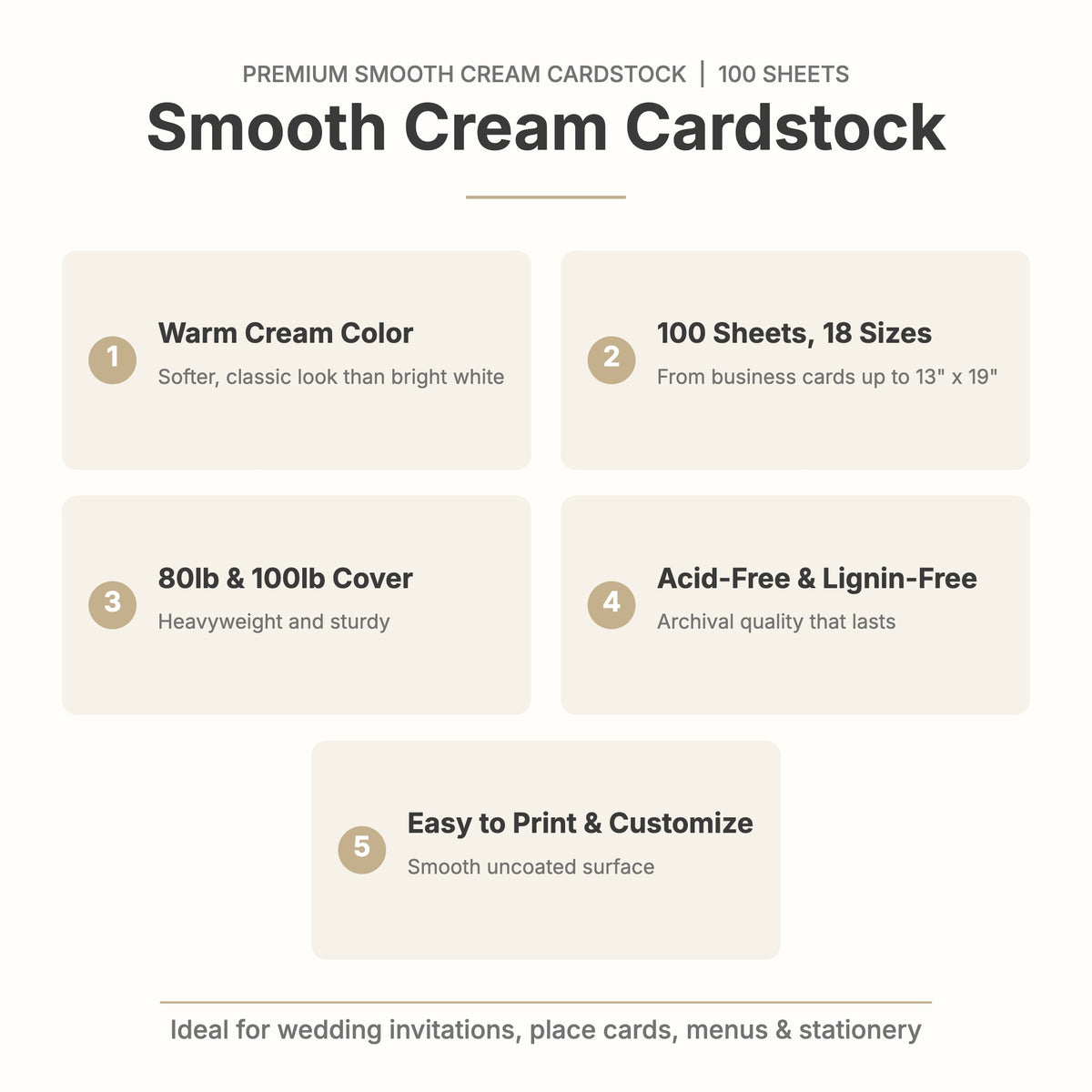 Smooth cream cardstock features: warm cream color, 100 sheets in 18 sizes, 80lb and 100lb cover, acid-free