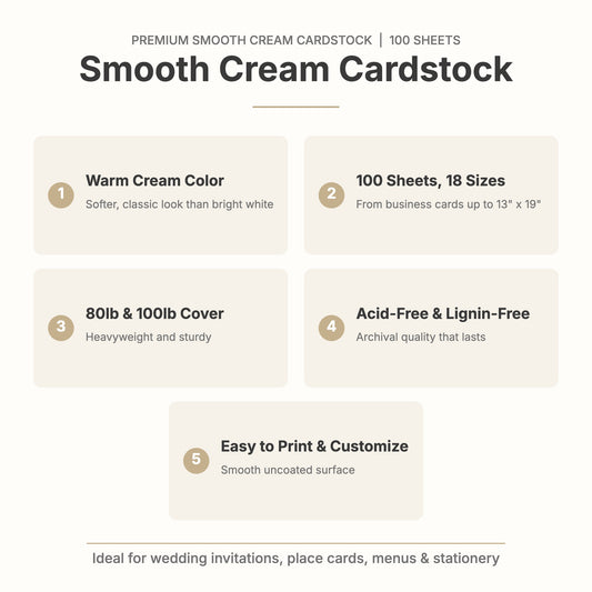 Smooth cream cardstock features: warm cream color, 100 sheets in 18 sizes, 80lb and 100lb cover, acid-free