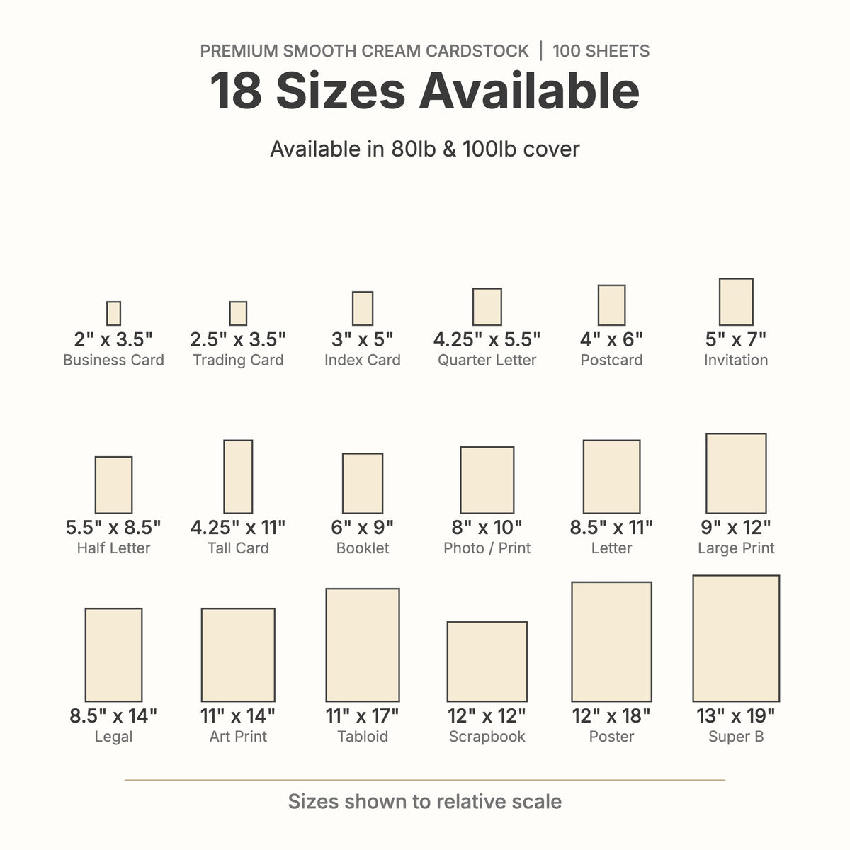 Smooth cream cardstock size chart: 18 sizes from 2x3.5 to 13x19 inches