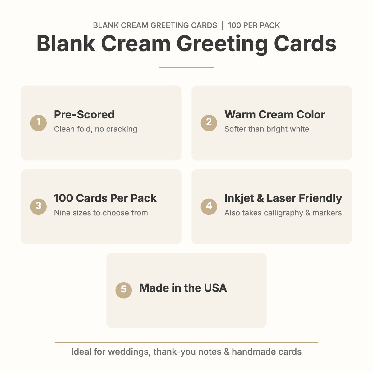Blank cream greeting card features: pre-scored, warm cream color, 100 cards per pack, inkjet and laser friendly