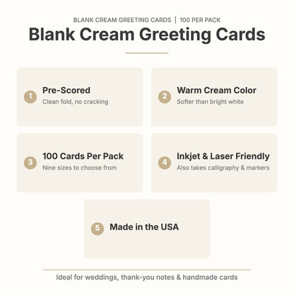 Blank cream greeting card features: pre-scored, warm cream color, 100 cards per pack, inkjet and laser friendly