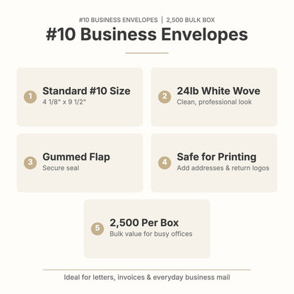 #10 business envelope features: 4 1/8 x 9 1/2 inch, 24lb white wove, gummed flap, 2,500 per box