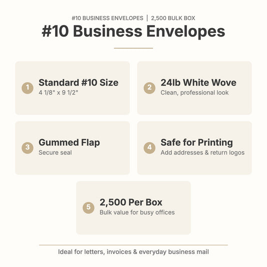 #10 business envelope features: 4 1/8 x 9 1/2 inch, 24lb white wove, gummed flap, 2,500 per box