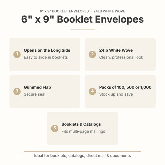 6x9 booklet envelope features: opens on the long side, 24lb white wove, gummed flap, packs of 100, 500 or 1,000