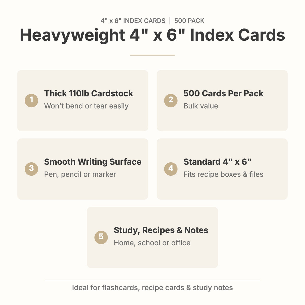 4x6 index card features: thick 110lb cardstock, 500 cards per pack, smooth writing surface