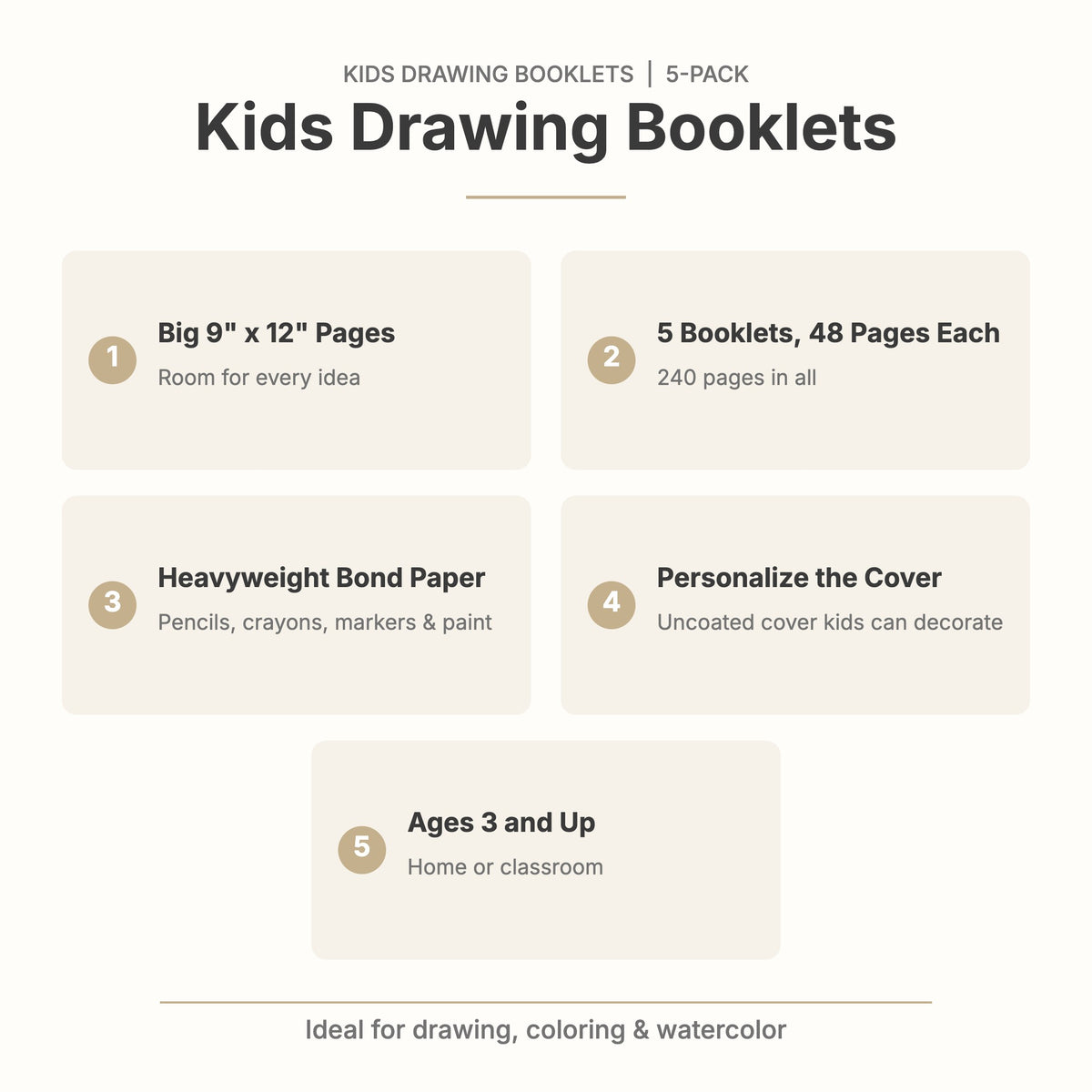 Kids drawing booklet features: 9x12 inch pages, 5 booklets of 48 pages, heavyweight bond paper, ages 3 and up