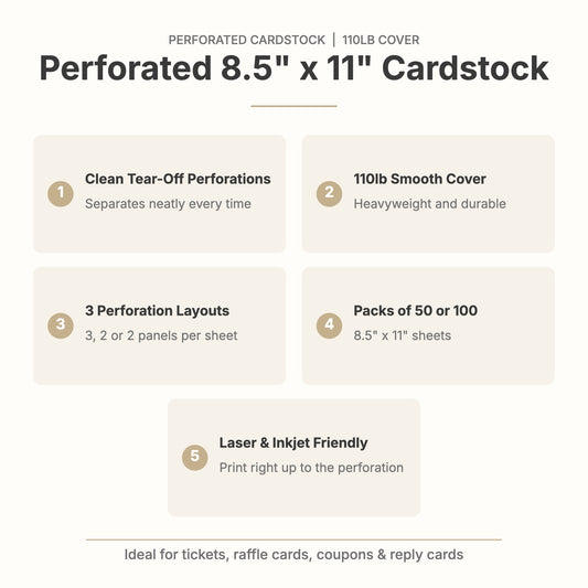 Perforated cardstock features: clean tear-off perforations, 110lb smooth cover, 3 layouts, packs of 50 or 100