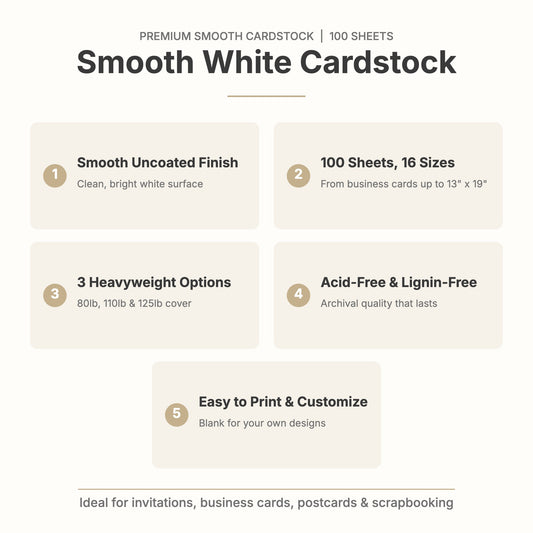 Smooth white cardstock features: smooth uncoated finish, 100 sheets in 16 sizes, 80lb, 110lb and 125lb cover, acid-free