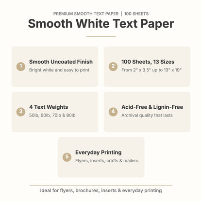 Smooth white text paper features: smooth uncoated finish, 100 sheets in 13 sizes, 50lb to 80lb text, acid-free