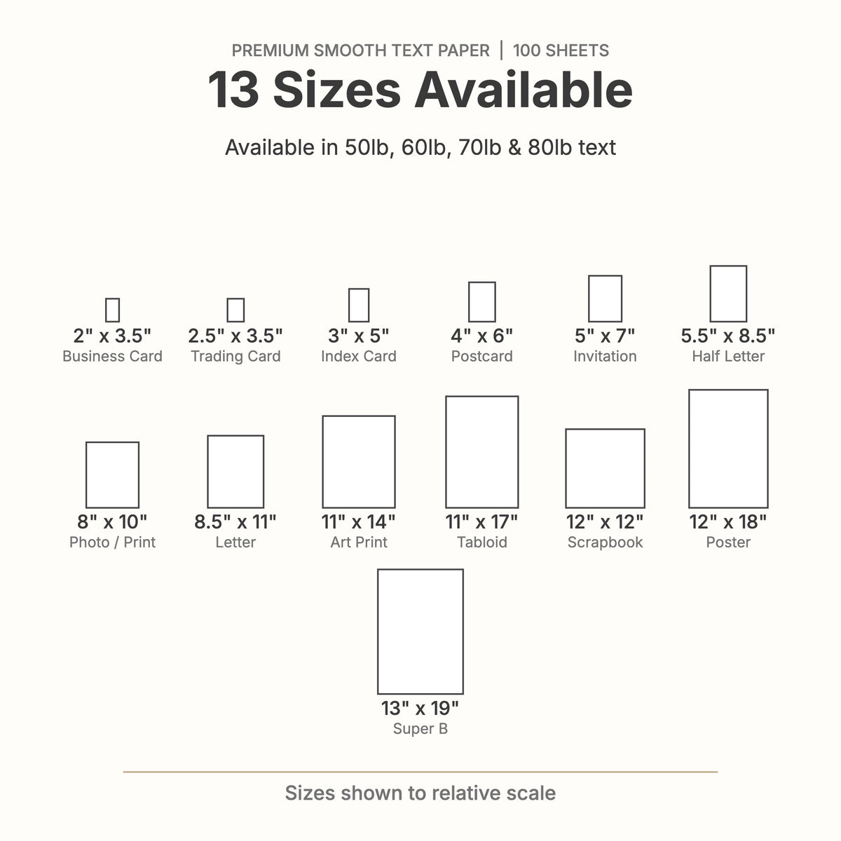 Smooth white text paper size chart: 13 sizes from 2x3.5 to 13x19 inches