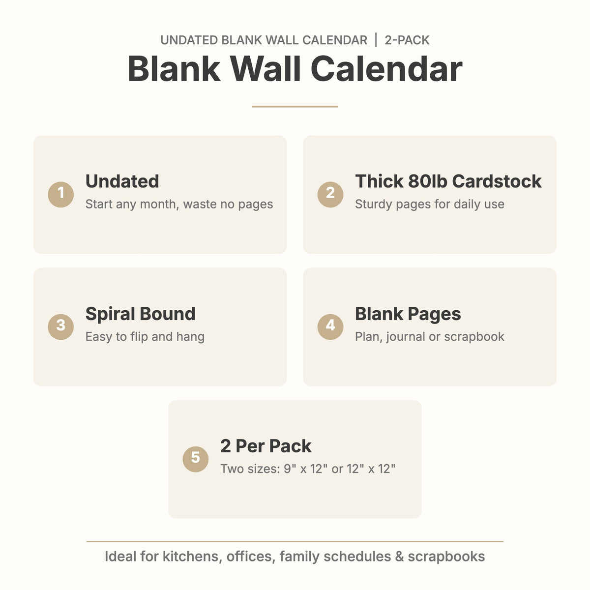 Blank wall calendar features: undated, thick 80lb cardstock, spiral bound, blank pages, 2 per pack
