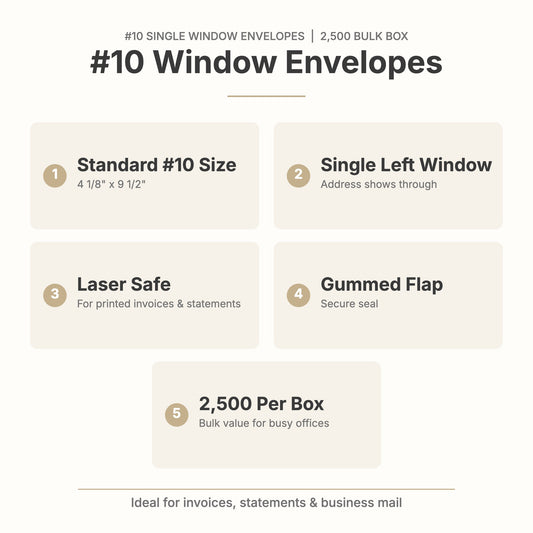 #10 single window envelope features: 4 1/8 x 9 1/2 inch, left window, laser safe, gummed flap, 2,500 per box